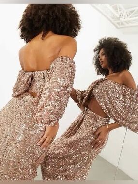 NWT ASOS Design Off the Shoulder Sequin Drape Crop Top Blush $130 MSRP